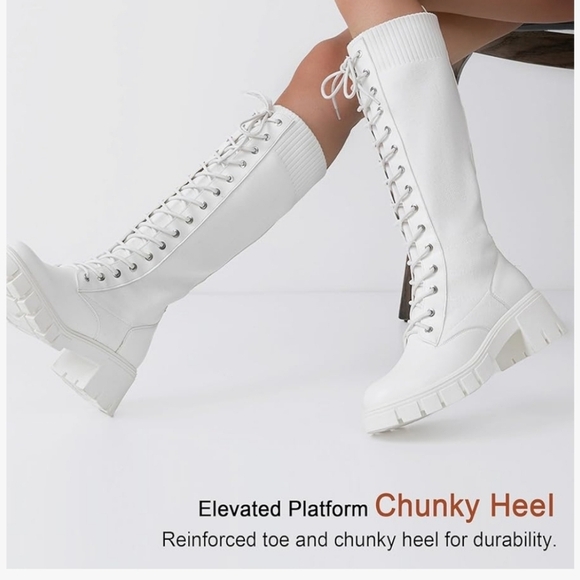 Women's White Knee-High Lace-Up Boots PU and Knit Material New - Picture 7 of 16